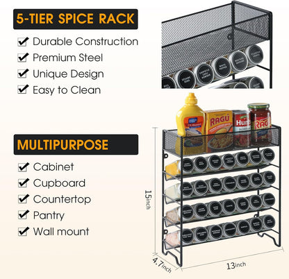 Skiileor Spice Rack Organizer with 28 Spice Jars, Black Lids，Spice Labels, Chalk pen and Funnel Set for Cabinet, Countertop, Pantry, Cupboard or Wall Mount