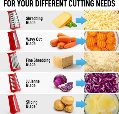 Zulay Kitchen Rotary Cheese Grater 5 Blade Cheese Shredder - Manual Hand Crank Cheese Grater With Reinforced Suction & 5 Interchangeable Drums - Easy to Use, Vegetable Chopper Round Mandoline Slicer - Colors B