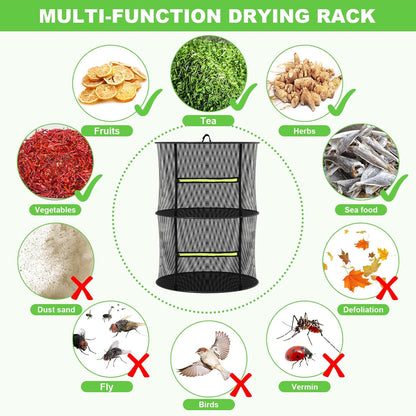 MEKOLIFE Herb Drying Rack Hanging-8 Layer, Collapsible Large Capacity Mesh Net with Green Zipper, Hooks & Bonus Garden Scissors, for Fresh Herbs/Flowers/Plants, Indoor Outdoor Use (23.62")