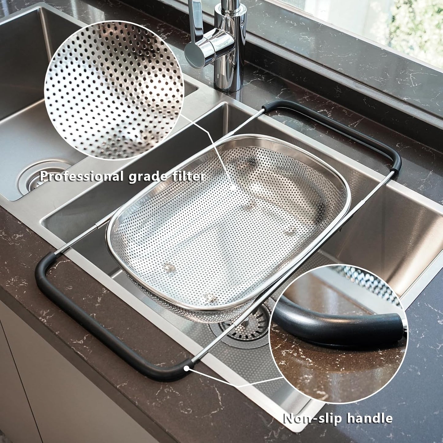 GREATLINK Over Sink Expandable Colander - Fine Mesh Strainer Basket with Extendable Handles for Kitchen, 6QT Vegetable Fruit Pasta Strainer for Washing Rice, Kitchen Colander