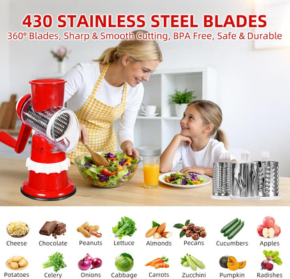 Rotary Cheese Grater, Hand Crank with Suction Base Cheese Shredder Hand Crank 3 Stainless Steel Blades, Rotary Cheese Grater with Handle, Easy to Clean, Rotary Grater for Cheese Vegetable Nuts (Red)