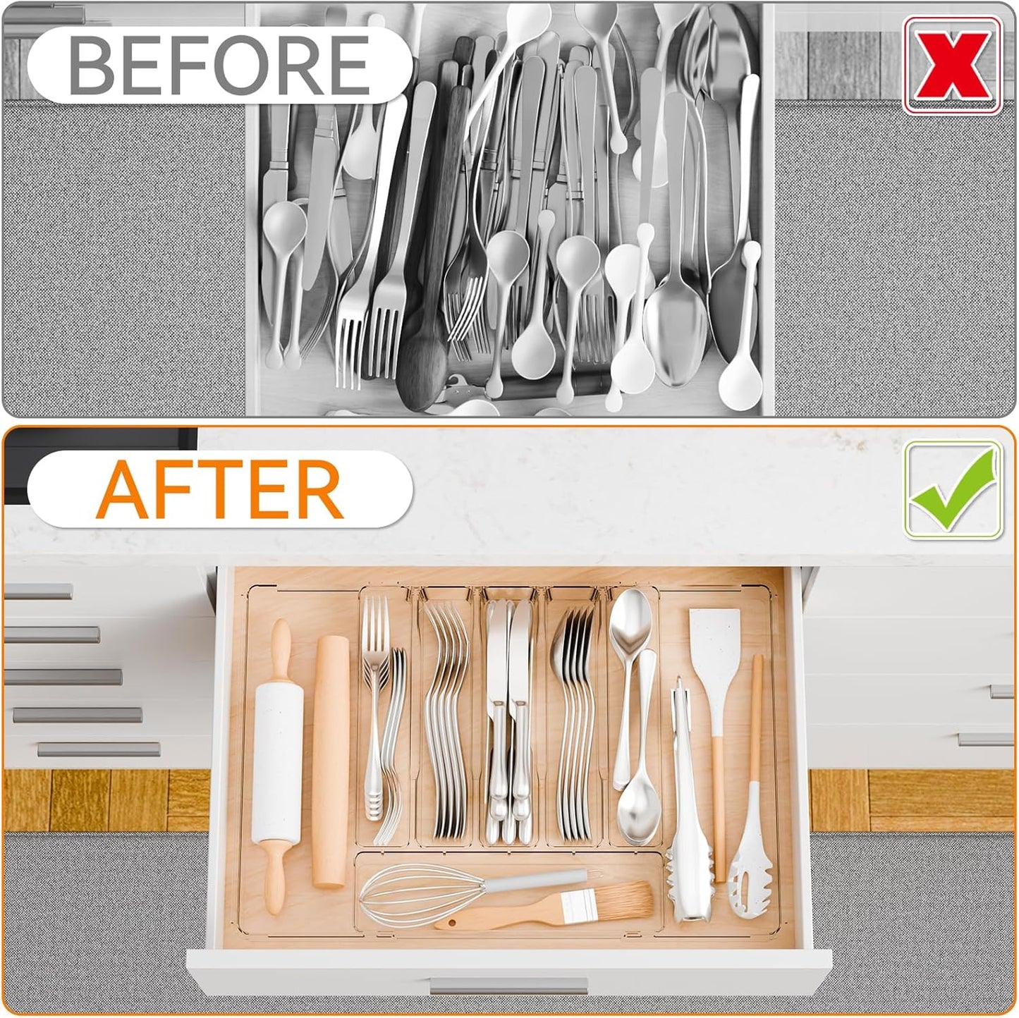 Yieach Clear Expandable Silverware Drawer Organizer,9.4-15.6In Adjustable Silverware Tray for Drawer,Acrylic Kitchen Utensil Drawer Organizer for Cutlery,Flatware Organizers and Fork and Spoon Holder