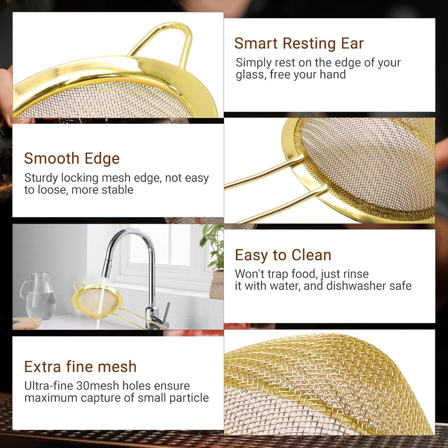 Small Fine Mesh Strainer, Stainless Steel Cocktail Sieve Mini Strainer for Cocktails, Tea, Herbs, Drinks and Coffee, Small Sifter with Handle (Gold)