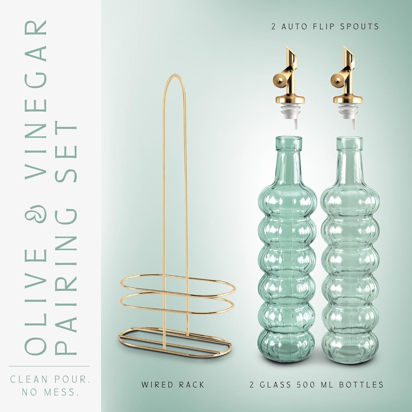 COOK WITH COLOR Glass Olive Oil Bottle Dispenser - 2 Pack- 17oz Oil and Vinegar Cruet - Olive Oil Carafe Decanter for Kitchen, Elegant Waves, Clear