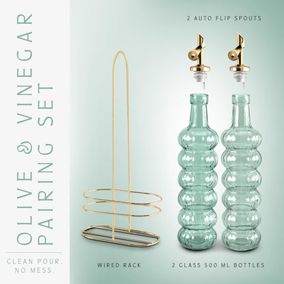 COOK WITH COLOR Glass Olive Oil Bottle Dispenser - 2 Pack- 17oz Oil and Vinegar Cruet - Olive Oil Carafe Decanter for Kitchen, Elegant Waves, Clear
