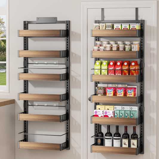POKIPO 8 Tier Over The Door Pantry Organizer, 2 IN 1 Wall Mount or Hanging Spice Rack Seasoning Shelves with Adjustable Basket, Back of Door Organizer and Storage for Kitchen Cabinet and Room Closet