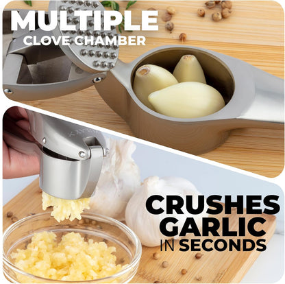 Zulay Kitchen Premium Garlic Press Set - Rust Proof Professional Garlic Mincer Tool - Easy-Squeeze, Easy-Clean with Soft, Ergonomic Handle - Silicone Garlic Peeler & Brush (Silver)