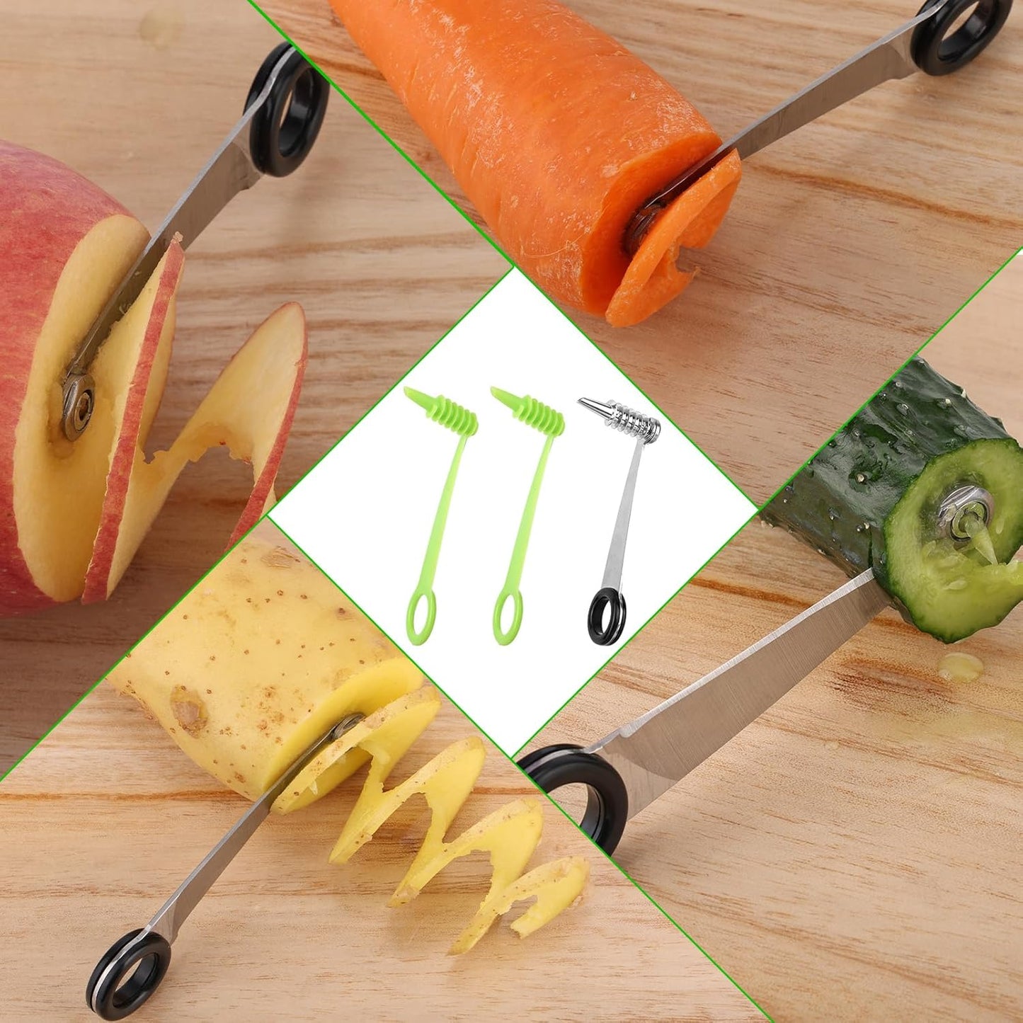 3pcs Spiral Cutters, Stainless Steel & Plastic Portable Vegetable Spiralizer Cutter Knife Practical Kitchen Tools Suitable for Potatoes Tomato Cucumbers Carrots