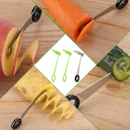 3pcs Spiral Cutters, Stainless Steel & Plastic Portable Vegetable Spiralizer Cutter Knife Practical Kitchen Tools Suitable for Potatoes Tomato Cucumbers Carrots