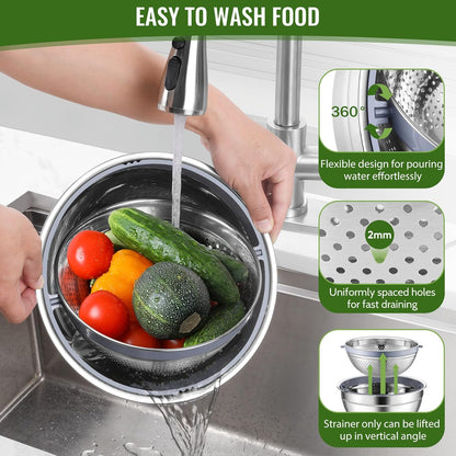 P&P CHEF 4-In-1 Stainless Steel Colander with Bowl Set, Rotatable Strainers for Kitchen, Fruit Cleaner, Washing Fruit & Draining Pasta, Mixing Bowl and Lid with Grater for Salad, Khaki