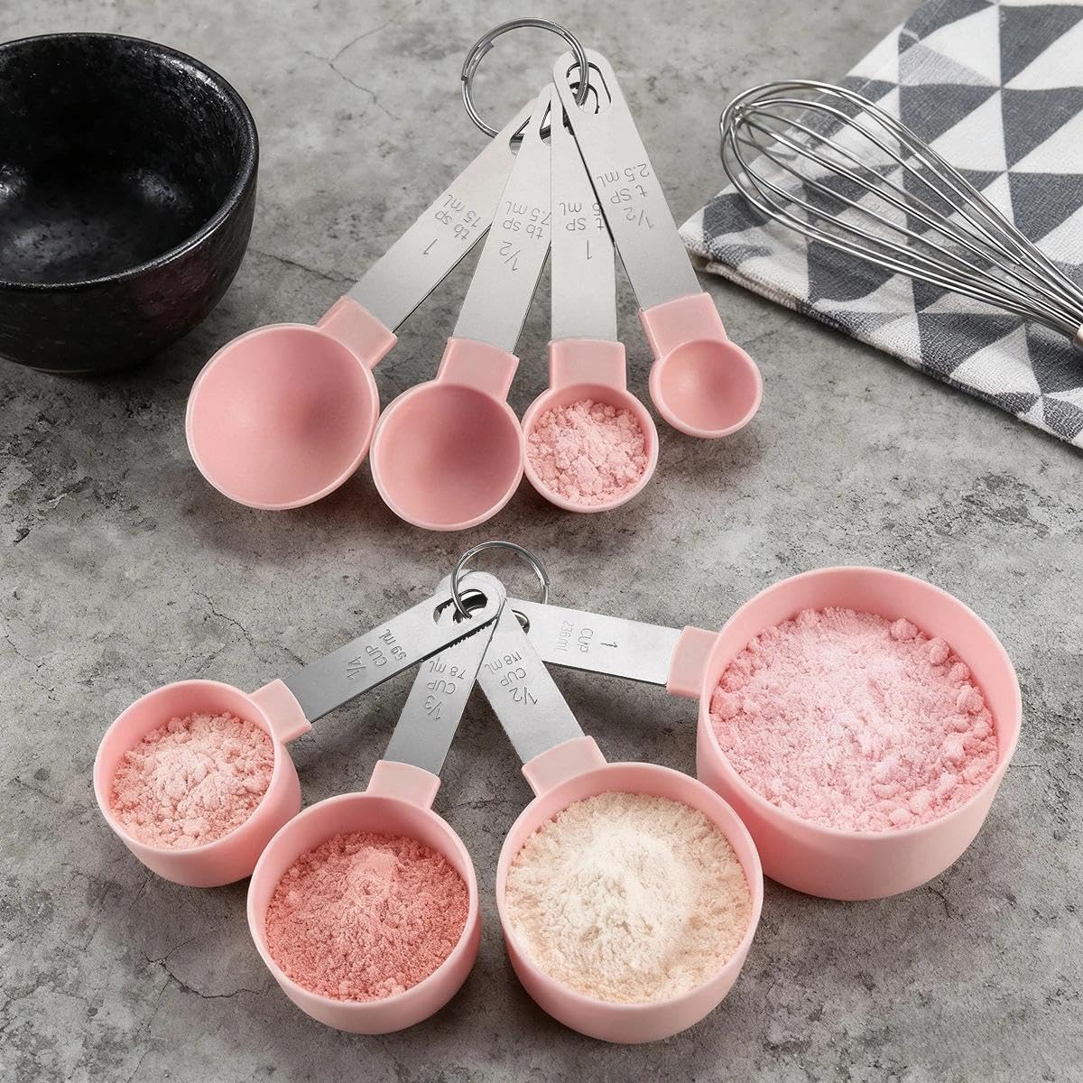 Plastic Measuring Cups Set - 8-Piece Nesting Kitchen Tools | Baking Supplies with Handles for Precise Liquid & Dry Ingredients | Essential for Home Baking, Cooking & Food Prep (Pink)