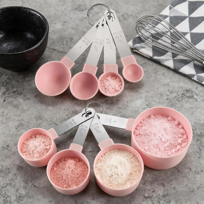 Plastic Measuring Cups Set - 8-Piece Nesting Kitchen Tools | Baking Supplies with Handles for Precise Liquid & Dry Ingredients | Essential for Home Baking, Cooking & Food Prep (Pink)
