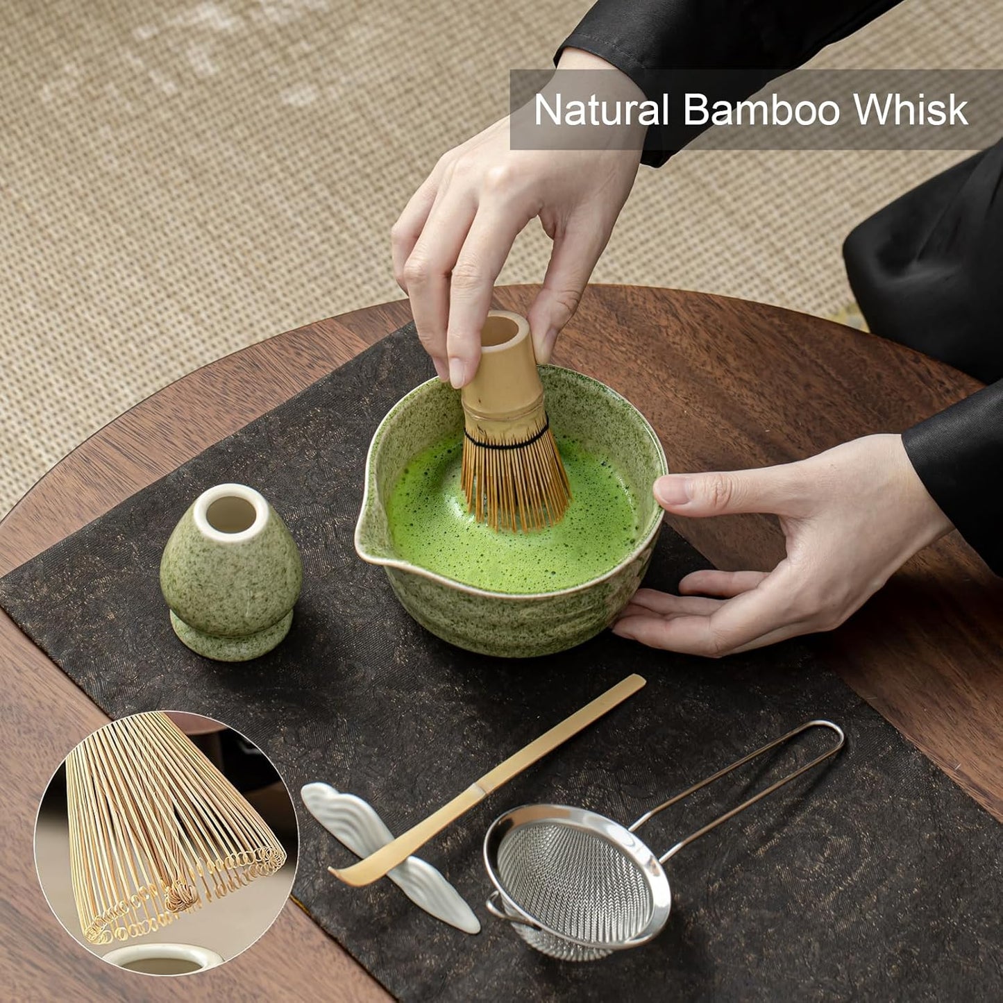 Matcha Set, Matcha Whisk Set Includes Matcha Bowl and Whisk, Whisk Holder, Sifter, Scoop, Spoon Holder, Tea Towel- 7pcs Perfect Matcha Kit for Matcha Tea Ceremony