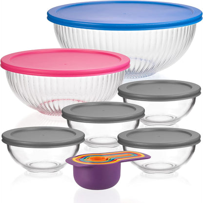 Set of 5 Nesting Glass Bowls with New Updated Acacia Lids for Foodprep, Storage, Mixing & Cooking - Microwave & Oven-ready BPA Free Durable Heat Resistant Inert Borosilicate Glass