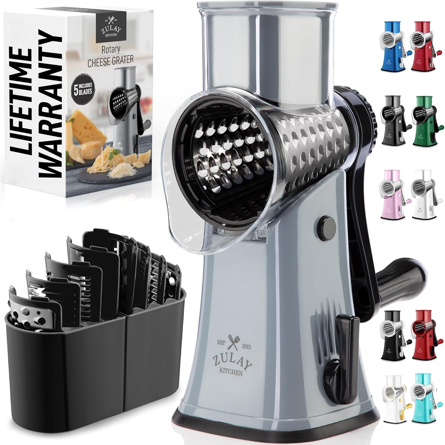 Zulay Kitchen Rotary Cheese Grater 5 Blade Cheese Shredder - Manual Hand Crank Cheese Grater With Reinforced Suction & 5 Interchangeable Drums - Easy to Use, Vegetable Chopper Round Mandoline Slicer - Colors B