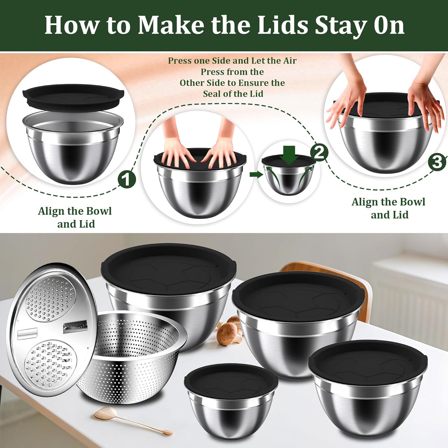 Mixing Bowls with Airtight Lids Set, 4 Stainless Steel Bowls Nesting Bowls & Colander, Kitchen Organizers and Storage Non-Slip Bottom, Size 1.5/2.0/2.5/4.5QT, Great for Mixing & Serving, Khaki