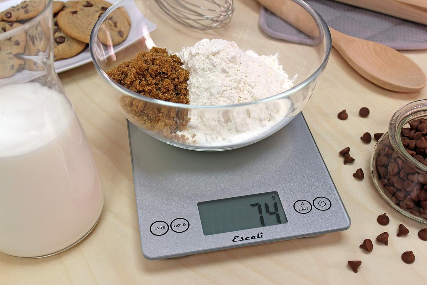 Escali Arti Glass Food Scale Digital Countertop Kitchen, Baking and Cooking Scale with Nutrition and Calorie Counter, 15-Pound Capacity, 9" x 6.5" x .75", Gray Storm