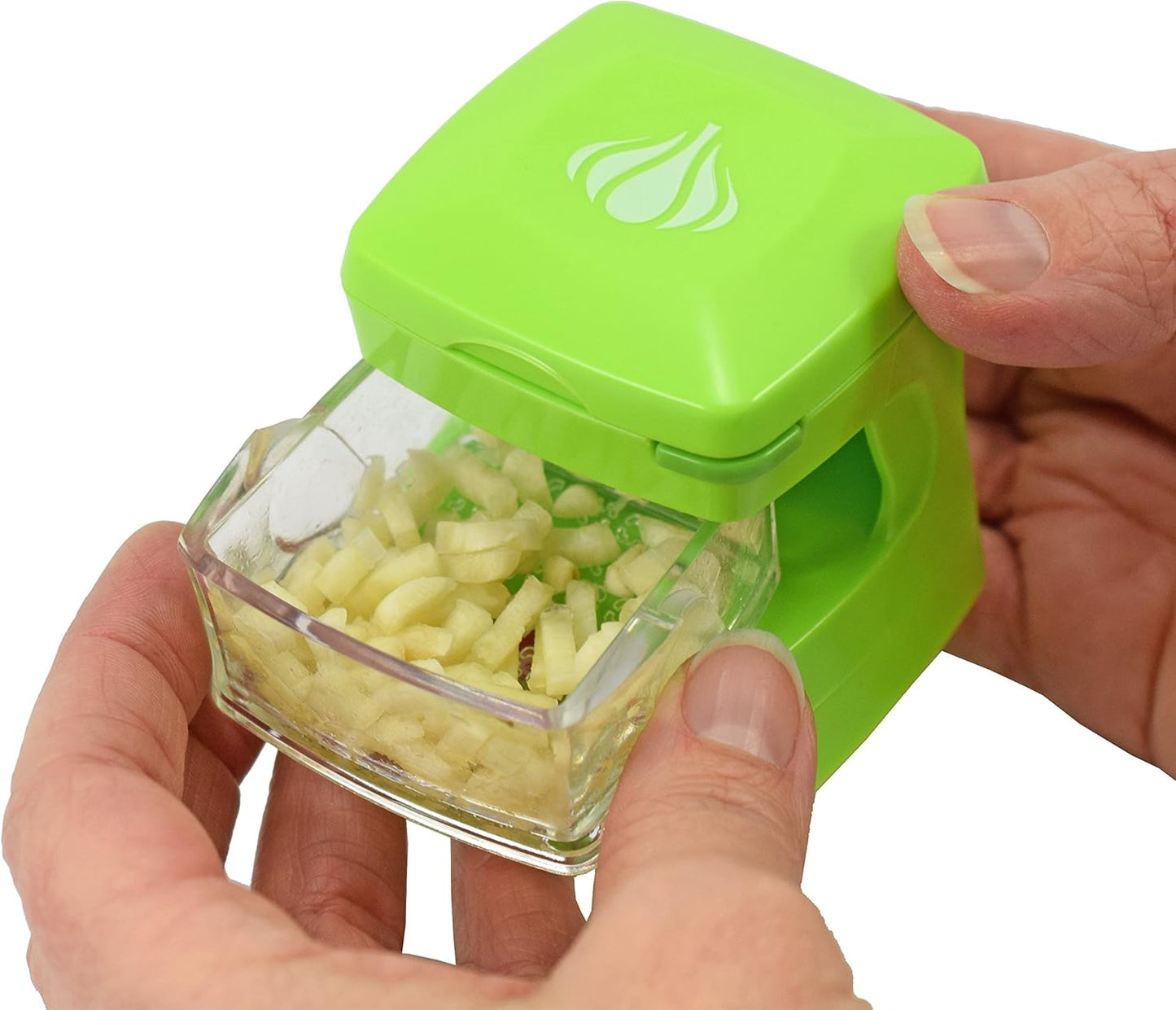 Garlic-A-Peel Garlic Press, Crusher, Cutter, Mincer, and Storage Container - Includes Silicone Garlic Peeler - Easy to Clean - Stainless Steel Blades – (Black), standard