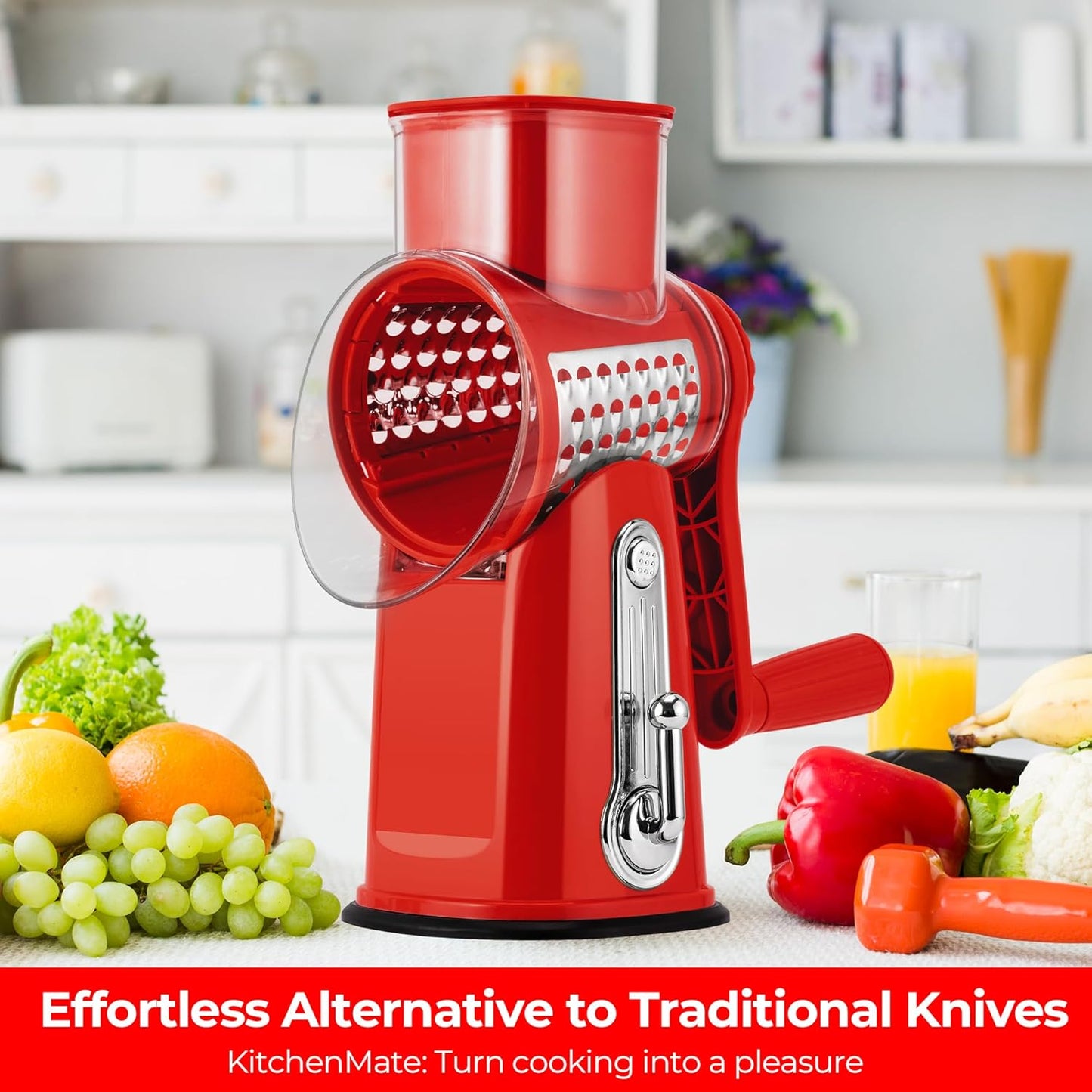 SUSTEAS Rotary Cheese Grater with Handle - Vegetable Shredder with 5 Well-designed Blades & Strong Suction Base,Round Mandoline Slicer & Food Chopper for Kitchen,with Blade Storage Box(Beige)