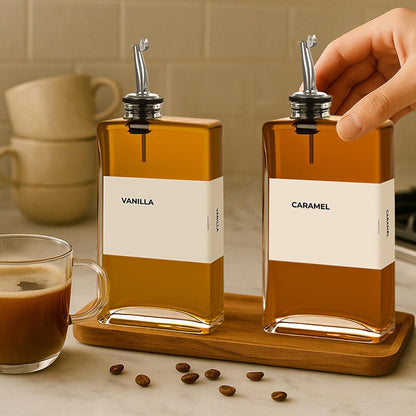 Spaceneat Olive Oil Dispenser Bottle - Includes 44 Kitchen Essential Labels - Cooking Oil Bottles for Kitchen, Coffee Syrup Dispenser - Pourer Spout with 11.8 fl oz Glass Container Cruet - 4pcs, Gold