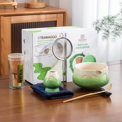 TEANAGOO 7 Pcs Matcha Whisk Set, Pink Matcha Set, Ceremony Matcha Powder Kit,Matcha Tea Set for Making Latte,Matcha Whisk Set and Bowl with Scoop&Sifter,Fuji Design Ceramic Bowl,Gift for Matcha Lovers