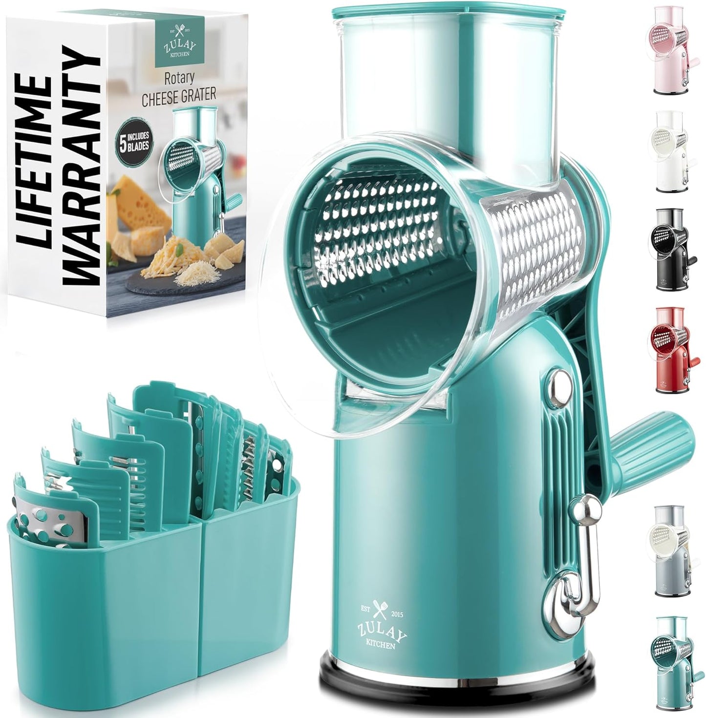 Zulay Kitchen Rotary Cheese Grater 5 Blade Cheese Shredder - Manual Hand Crank Cheese Grater With Reinforced Suction & 5 Interchangeable Drums - Easy to Use, Vegetable Chopper Round Mandoline Slicer - Colors B