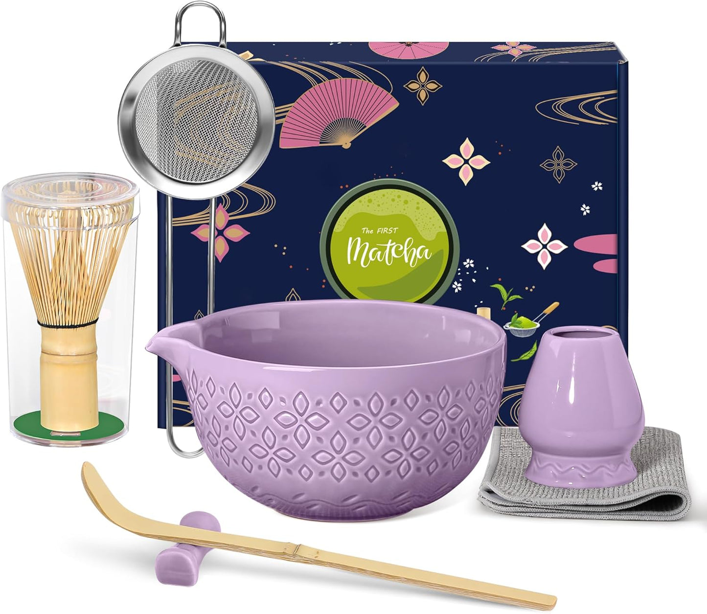 Matcha Whisk Set Matcha Kit - 7 Pcs Japanese Tea Set Includes Matcha Bowl with Spout,Bamboo Whisk with Ceramic Holder,Bamboo Scoop and Rest,Sifter,Tea Towel, for Ceremony Matcha Lovers Gift,Green