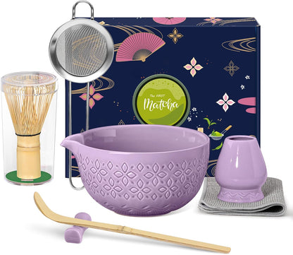 Matcha Whisk Set Matcha Kit - 7 Pcs Japanese Tea Set Includes Matcha Bowl with Spout,Bamboo Whisk with Ceramic Holder,Bamboo Scoop and Rest,Sifter,Tea Towel, for Ceremony Matcha Lovers Gift,Green