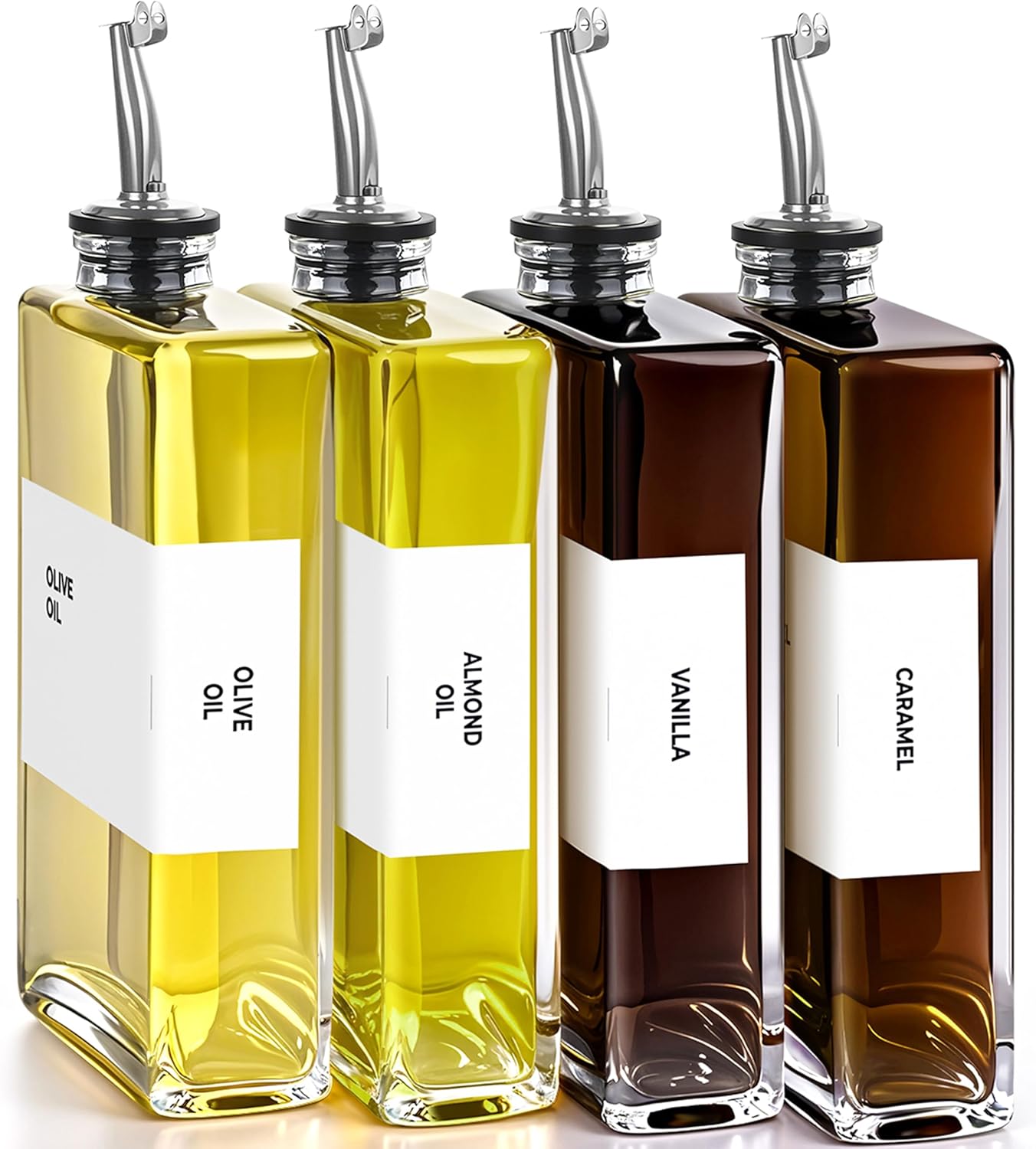 Spaceneat Olive Oil Dispenser Bottle - Includes 44 Kitchen Essential Labels - Cooking Oil Bottles for Kitchen, Coffee Syrup Dispenser - Pourer Spout with 11.8 fl oz Glass Container Cruet - 4pcs, Gold