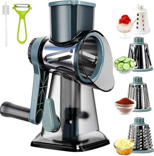 KalraMay Cheese Grater,Rotary Cheese Grater with Handle, Multifunctional Rotary Cheese Shredder Effortlessly Grates Cheese, Vegetables, and Fruits (Gray)