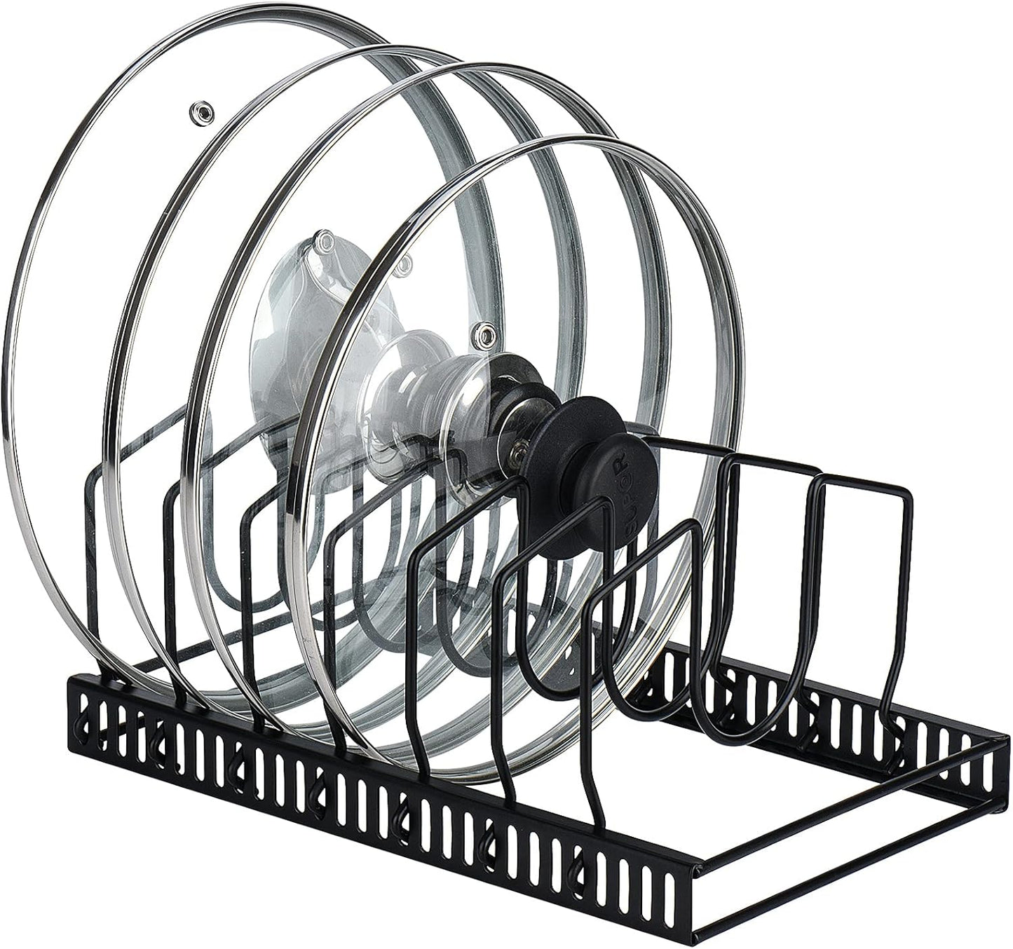 Toplife Pot Lids Organizer Rack for Cabinet and Countertop, 7+ Pan Lids and Bakeware Organizer Rack Holder with 7 Adjustable Compartments - Brown