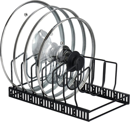 Toplife Pot Lids Organizer Rack for Cabinet and Countertop, 7+ Pan Lids and Bakeware Organizer Rack Holder with 7 Adjustable Compartments - Brown
