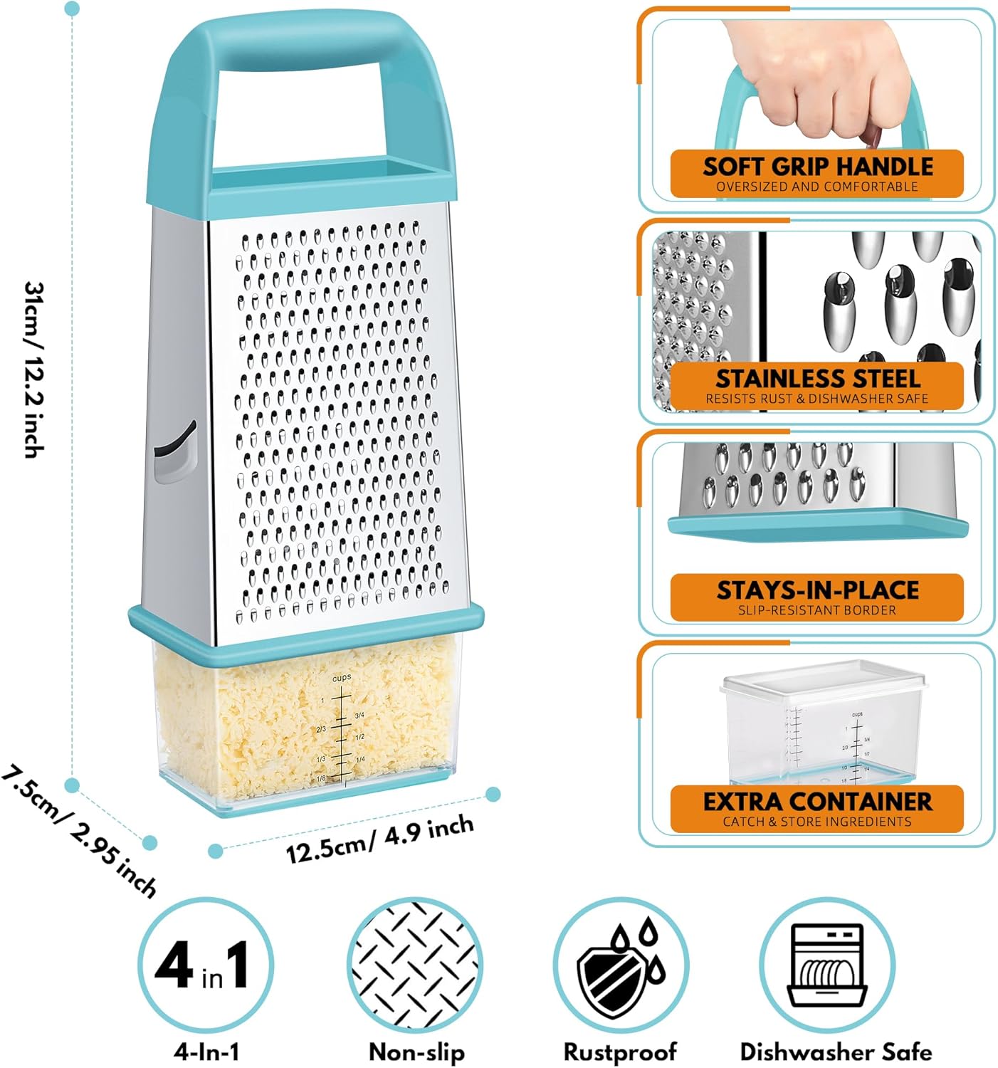Urbanstrive Cheese Grater With Container, Professional Cheese Grater with Handle, Stainless Steel Graters for Kitchen Handheld, Box Grater with 4 Sides for Vegetables, Ginger, Potatoes (Blue)