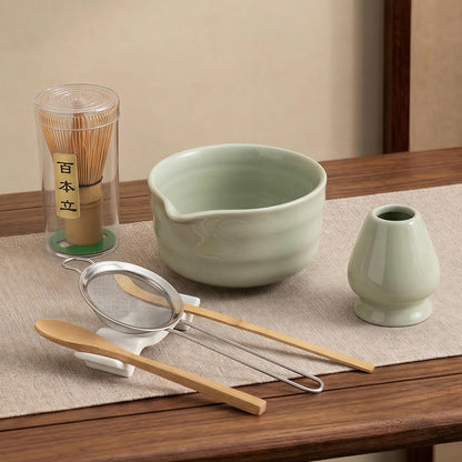 YOLIFE Matcha Whisk Set, Black Matcha Set, Ceramic Matcha Bowl and Whisk (Chasen), Holder, Sifter, Bamboo Scoop, Spoon & Spoon Rest, 7 Pcs Matcha Kit for Matcha Tea Ceremony