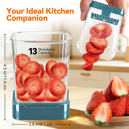 Fruit Slicer Cup for Strawberry, Banana, Hard-Boiled Egg - Detachable Cutter with Push Plate - 304 Stainless Steel Blade - Rapid & Safe Slicing Kitchen Gadget for Quick Meal Prep (Black)
