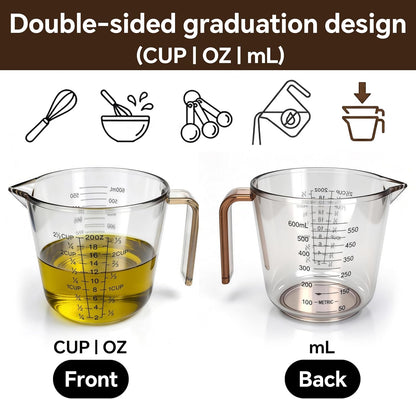 Measuring Cups Set, 3PCS with Pour Spout & Handle, Multi-Scale (cup | oz | ml) Stackable Liquid & Dry Plastic Measuring Tools for Baking Cooking, Essential Kitchen Gadgets (Coffee Brown)