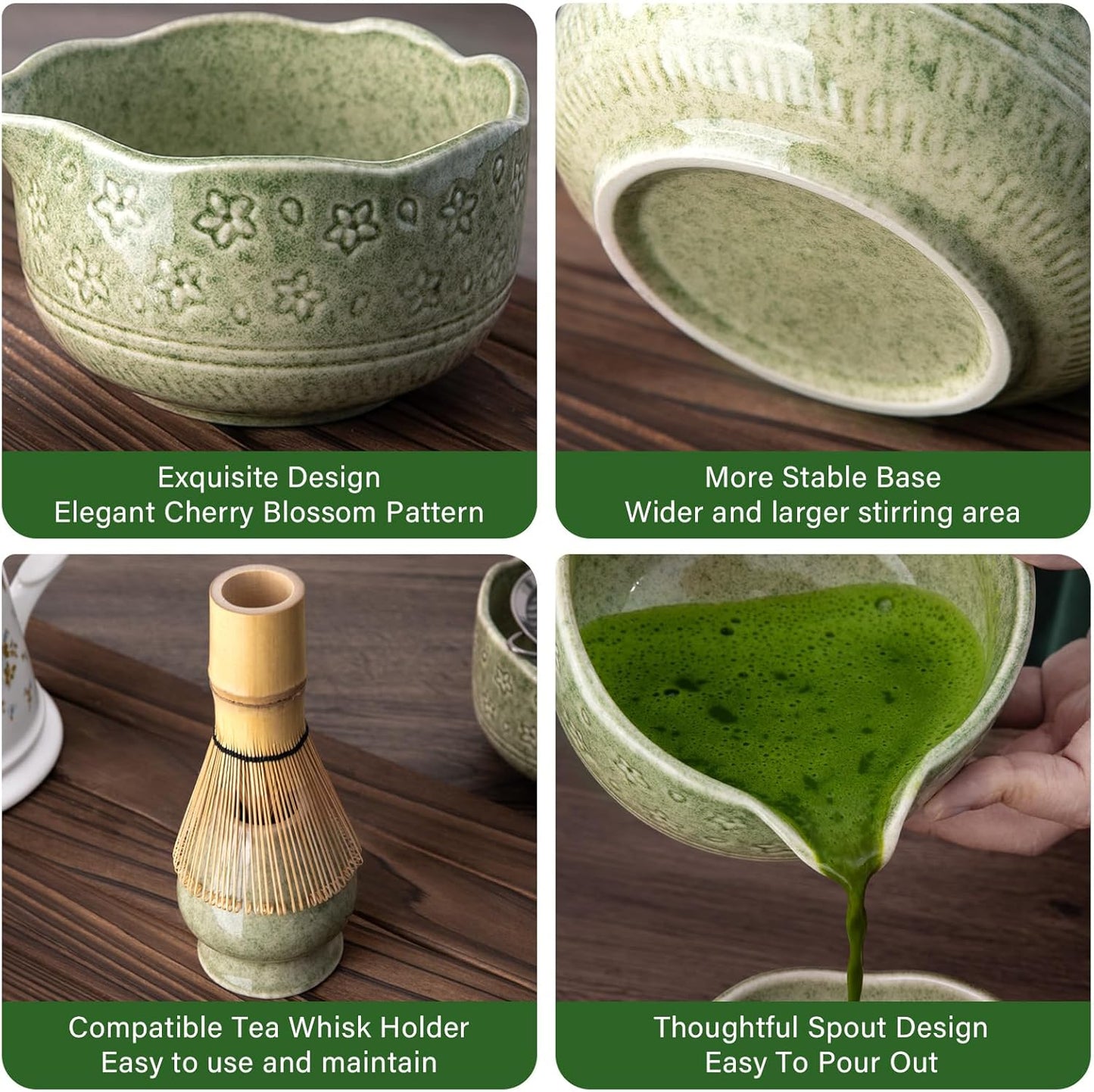 ALBISS Matcha Whisk Set - 7 Pcs Ceramic Matcha Kit with 18oz Spout Bowl & Cherry Blossom Design, Bamboo Whisk & Holder, Scoop, Rest, Sifter, Towel, Elegant Japanese Tea Gift Set for Macha Lover, Green