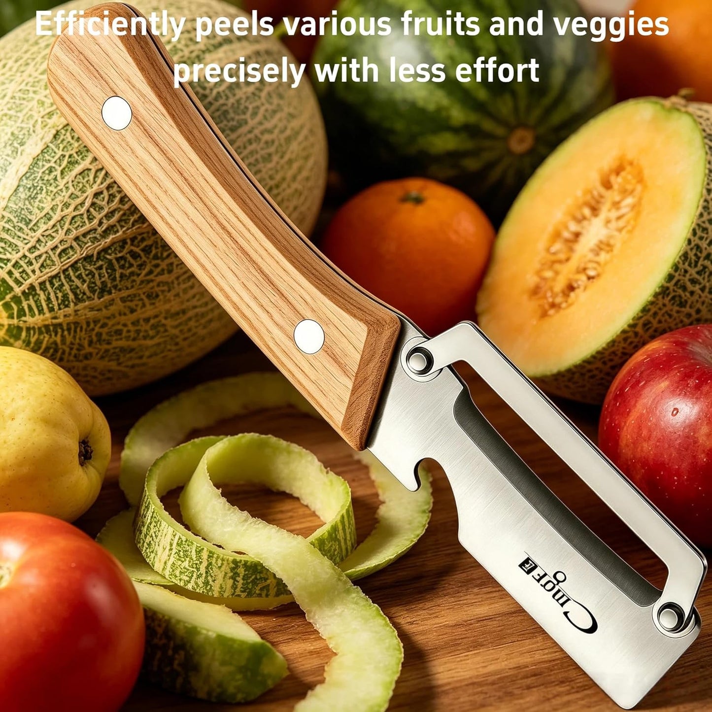 Maxjoy Multifunctional Vegetable Peeler, Zero Flex & Zero Snag, Stainless Steel with Wooden Handle, 2 in 1 Peeler with Bottle Opener for Potato Apple Carrot Fruit