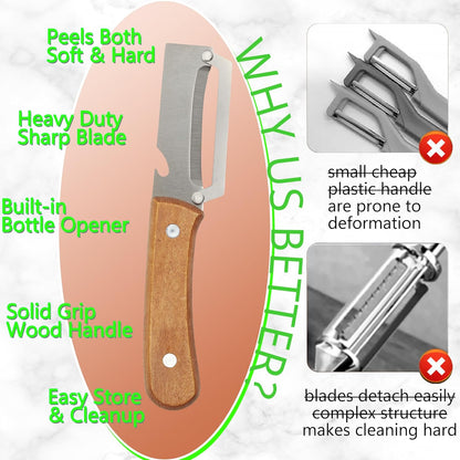 Upgrade Pro Multifunctional Vegetable Peeler - Premium Kitchen Peeler with Wooden Handle and Bottle Opener - Heavy Duty Stainless Steel Peeler Knife for Fruit Apple Potato Pumpkin Papaya Zucchini