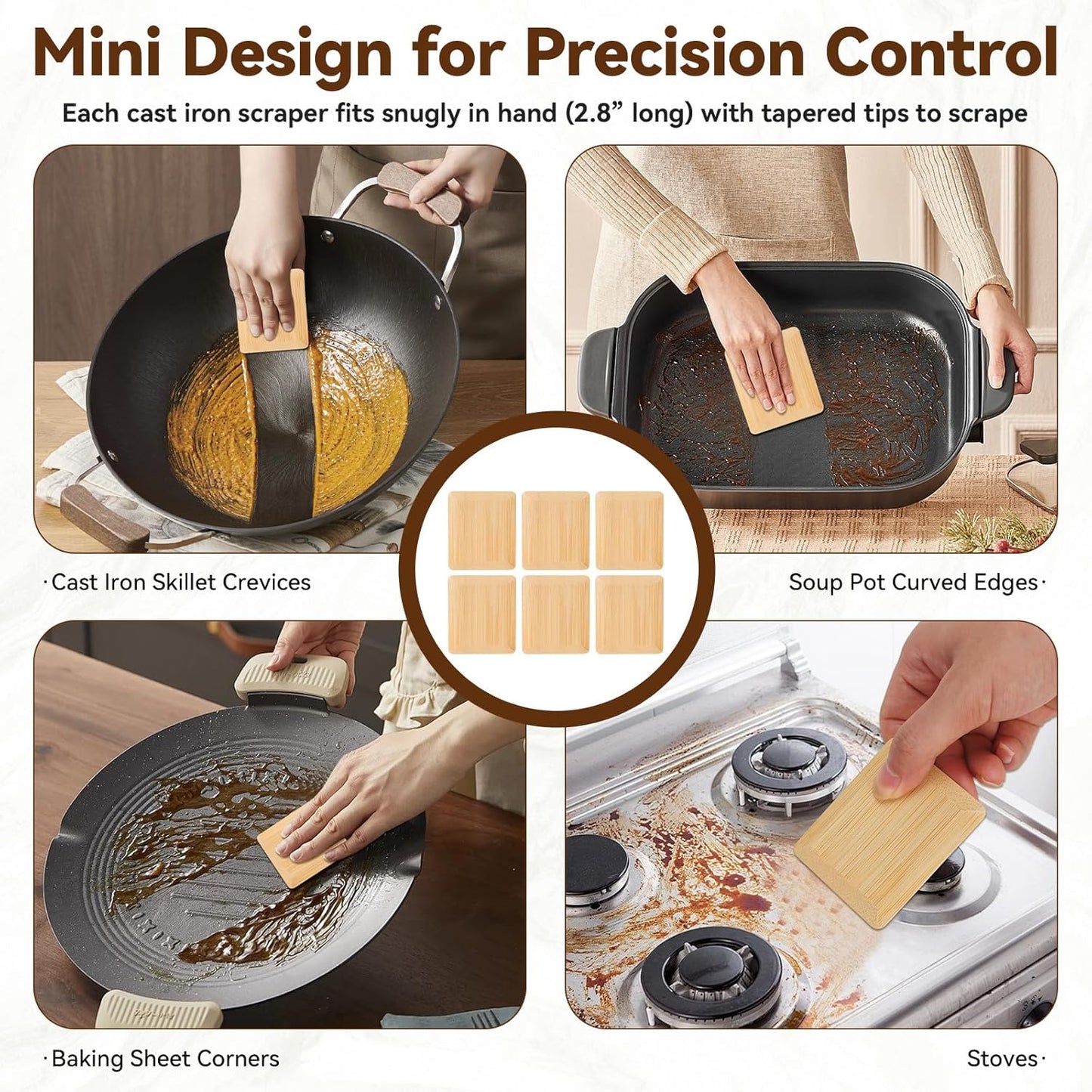 DEBETOOL 6-Pack Natural Bamboo Pan Scraper & Pot Scraper - Non-Scratch Dish Scraper for Cast Iron，Stainless Steel & Ceramic Cookware - Food Scraper Tool