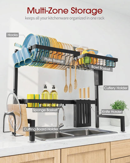 Sakugi Over The Sink Dish Drying Rack, Expandable 2-Tier Stainless Steel Kitchen Storage Organization Accessories for Countertop, Rustproof & Space-Saving, 30"–34.5" L x 12" W x 25" H, Black