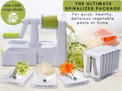 Brieftons 7-Blade Vegetable Spiralizer: Zucchini Spiral Slicer & Veggie Noodle Maker, Japanese Steel Blades, Catch Container, Strong Suction Cup, Blade Caddy, 4 eBooks | Low Carb, Vegan, Gluten-Free