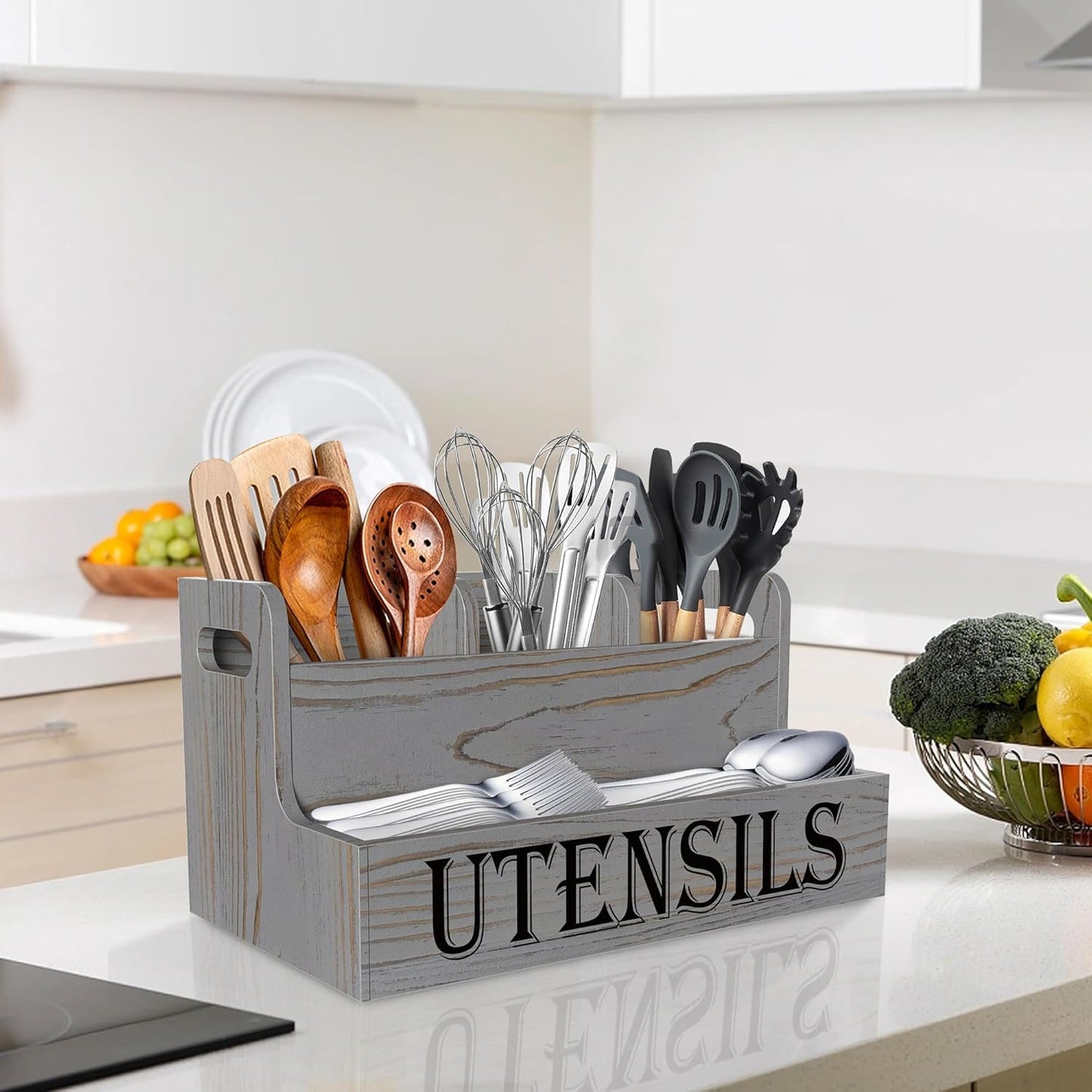 Suli Kitchen Utensils Holder, Wooden Utensil Organizer for Kitchen Countertop, Farmhouse Utensil Storage, Rustic Cooking Utensils ,4 Compartments,- Black