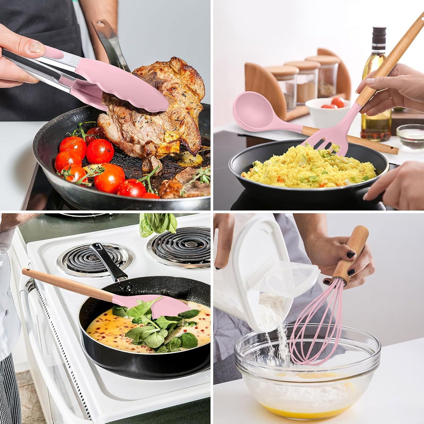 E-far Cooking Utensils Set of 6, Silicone Kitchen Utensils with Wooden Handle, Non-stick Cookware Friendly & Heat Resistant, Includes Spatula/Ladle/Slotted Turner/Serving Spoon/Spaghetti Server(Khaki)
