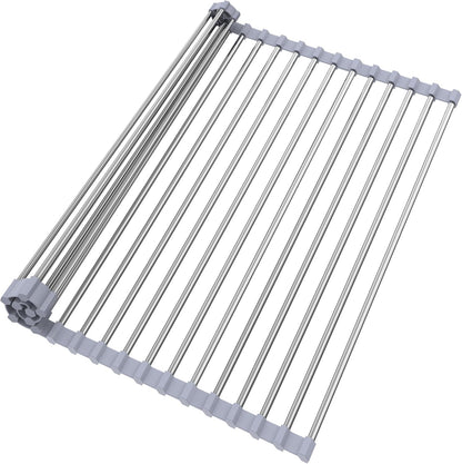 Roll Up Dish Drying Rack for Over Sink - 17.5"x15.7" Foldable Stainless Steel Kitchen Drainer, Black