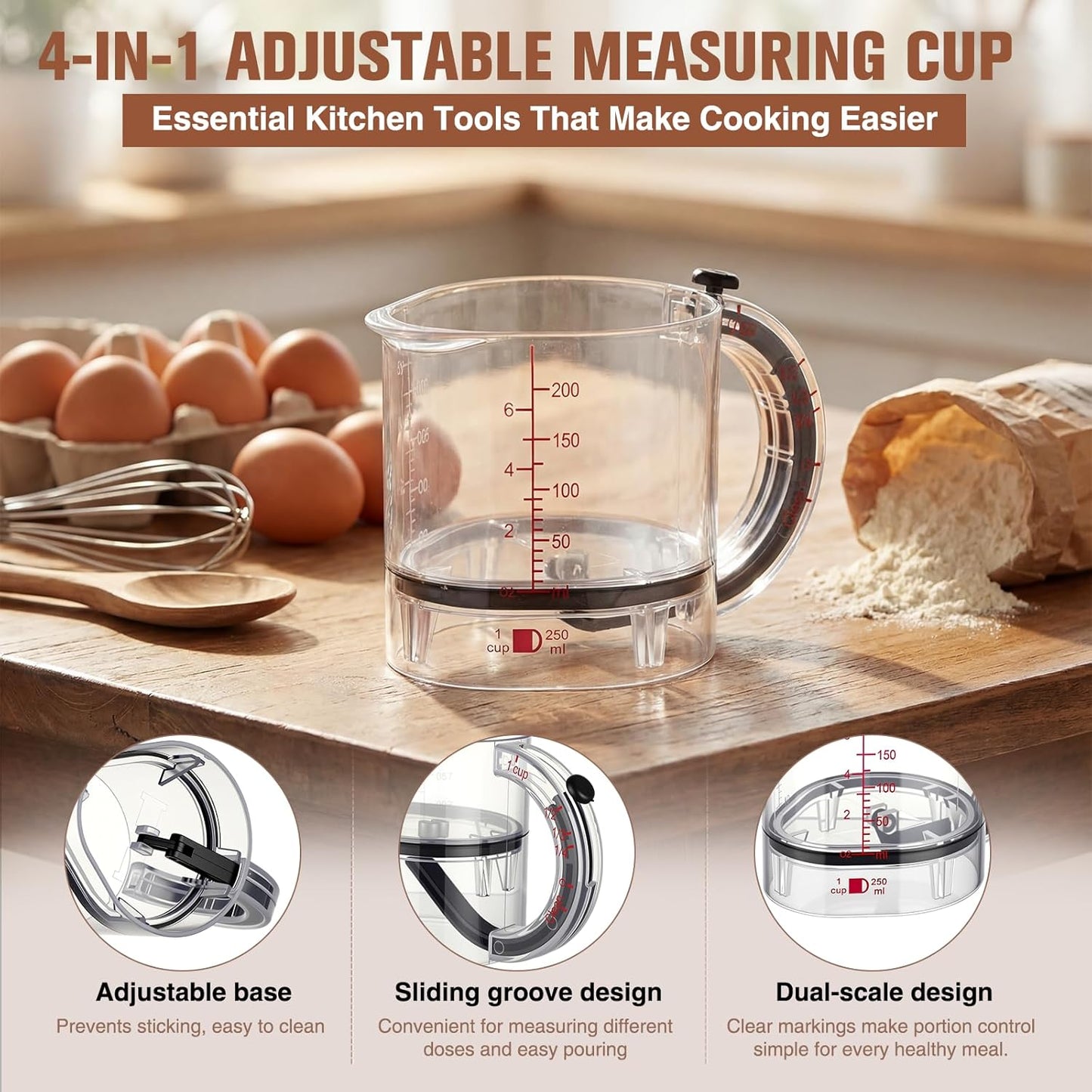 4 In1 Adjustable Measuring Cup Set Multi with Scraper Style Seal Base Adjustable Measuring Spoon Measurement Conversion Chart Space Saving Easy to Clean for Baking Cooking