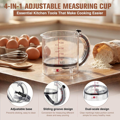 4 In1 Adjustable Measuring Cup Set Multi with Scraper Style Seal Base Adjustable Measuring Spoon Measurement Conversion Chart Space Saving Easy to Clean for Baking Cooking