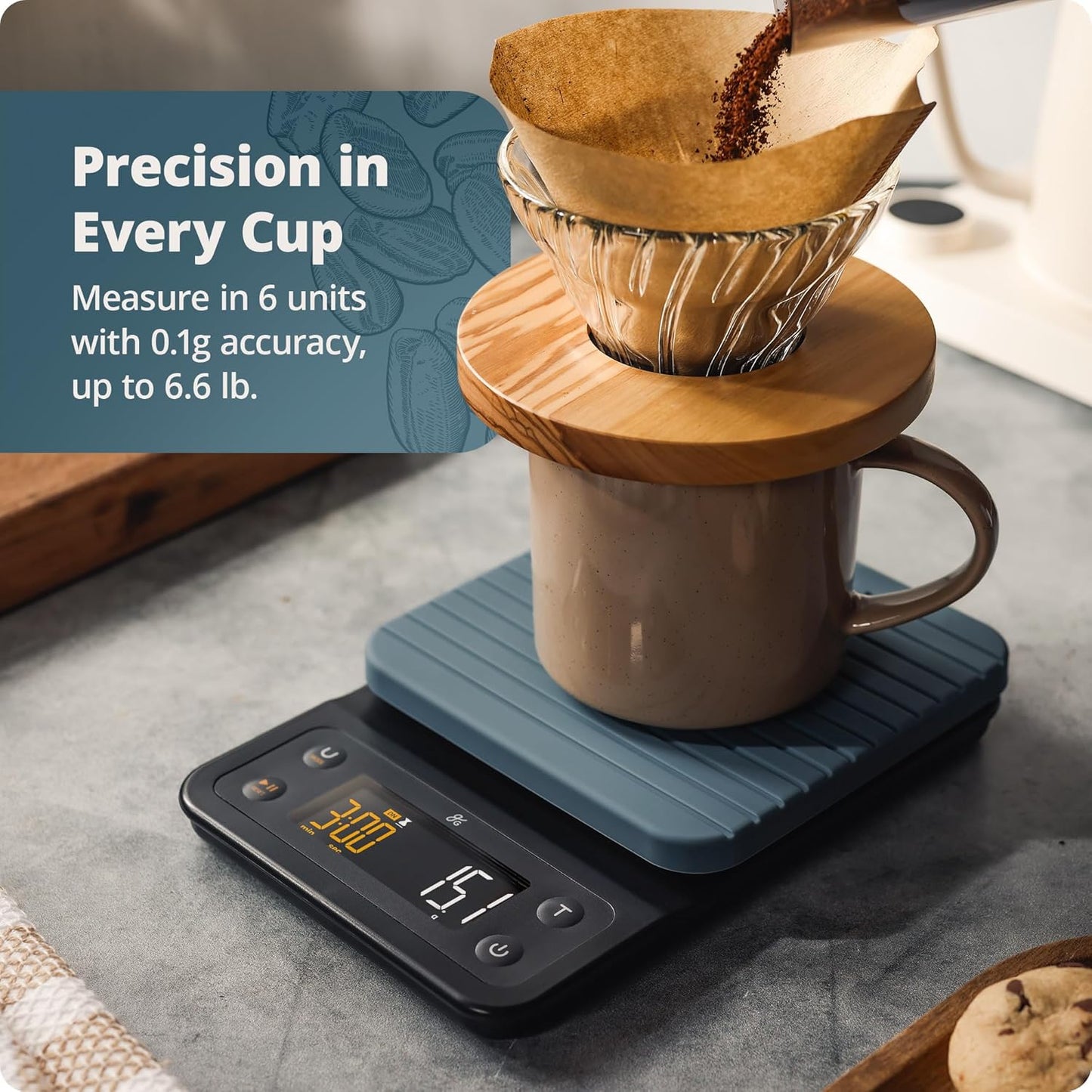 Greater Goods Coffee Scale with Timer – 0.1g Precision Digital Coffee & Espresso Scale for Pour-Over, Coffee Bean Weighing, Barista Brewing, Waterproof Cover, 3kg Capacity (Onyx Black)