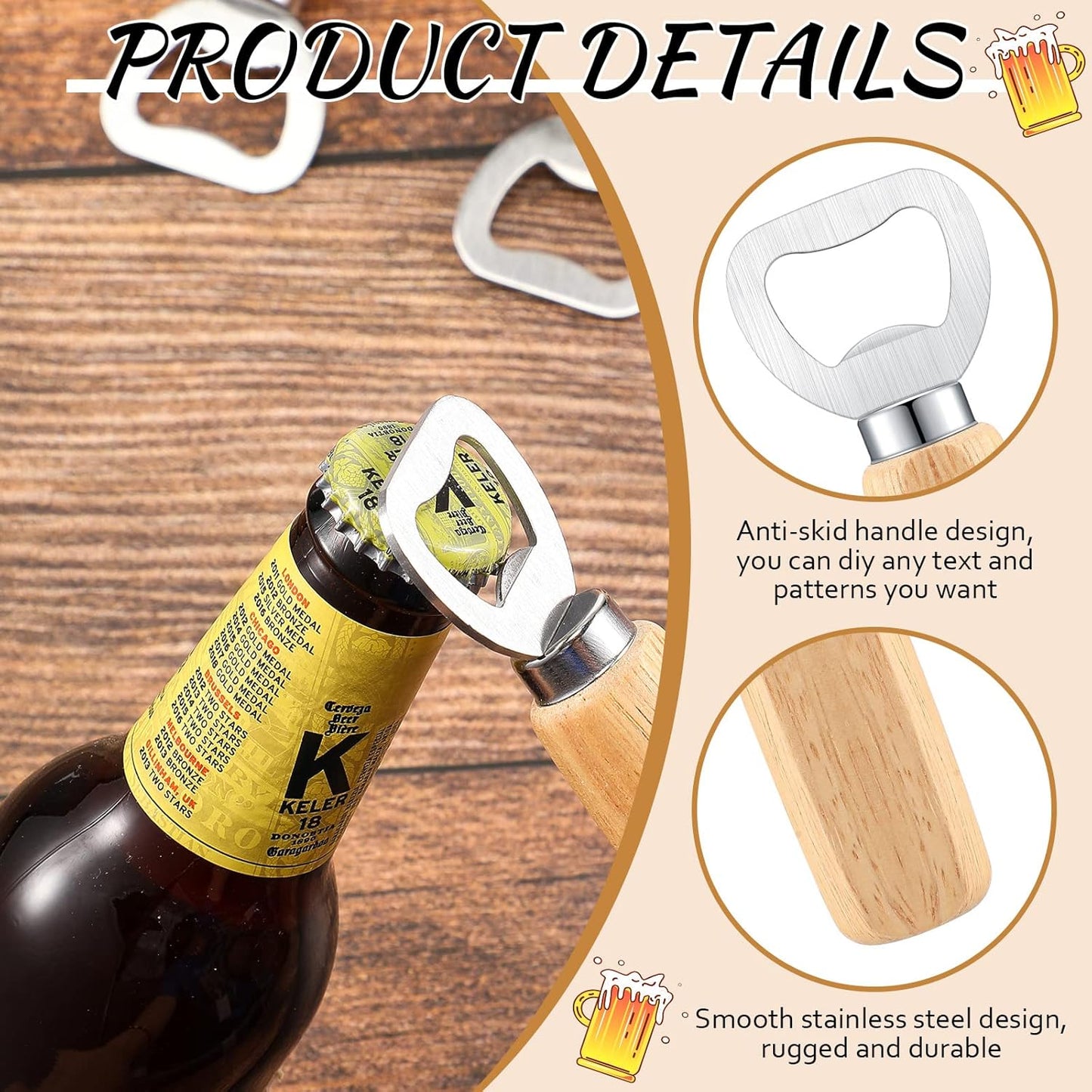 20 Pcs Stainless Steel Bottle Opener Bartender Wood Beer Opener Cider Wine Opener Bottle Opener with Wooden Handle Engraved Gift Set for Wedding Party Home Kitchen Bar Restaurant