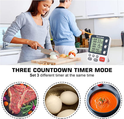 Digital Kitchen Timer Dual Timers 3 Channels Count UP/Down Cooking Timer Large Display, Adjustable Volume Alarm with Magnetic Back, Stand, Battery Included